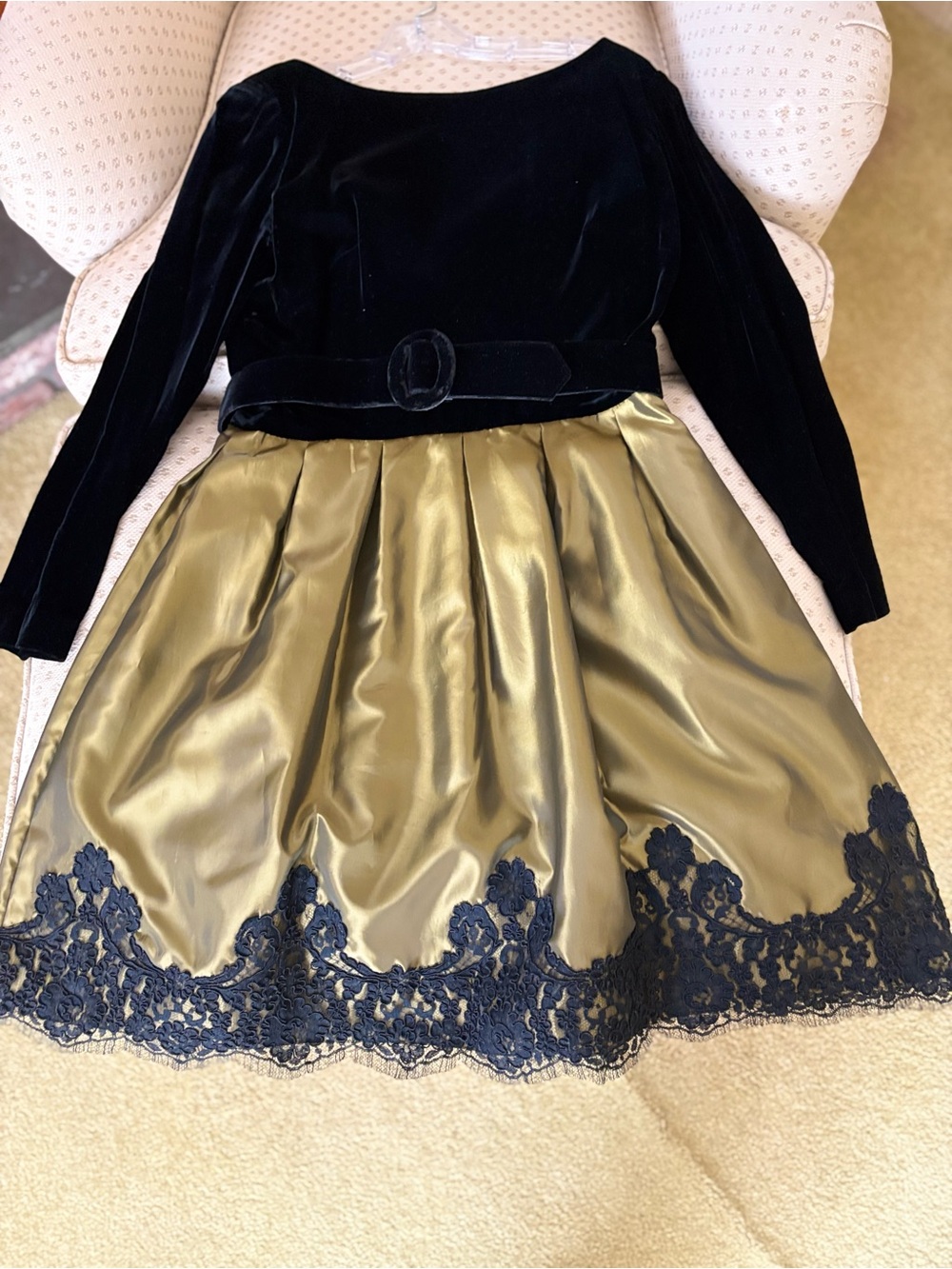 Girls Black Velvet and Gold Lace Hem Party Dress